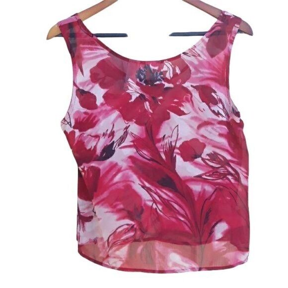 Vtg Emma James Top Sleeveless Sheer Scoop Neck Abstract Floral Pink Red Sz 10 - Picture 2 of 8